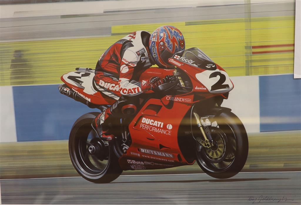 Ray Goldsbrough, limited edition print, The Blackburn Bullet (Carl Fogarty), signed by artist and rider, 392/495, 44 x 59cm